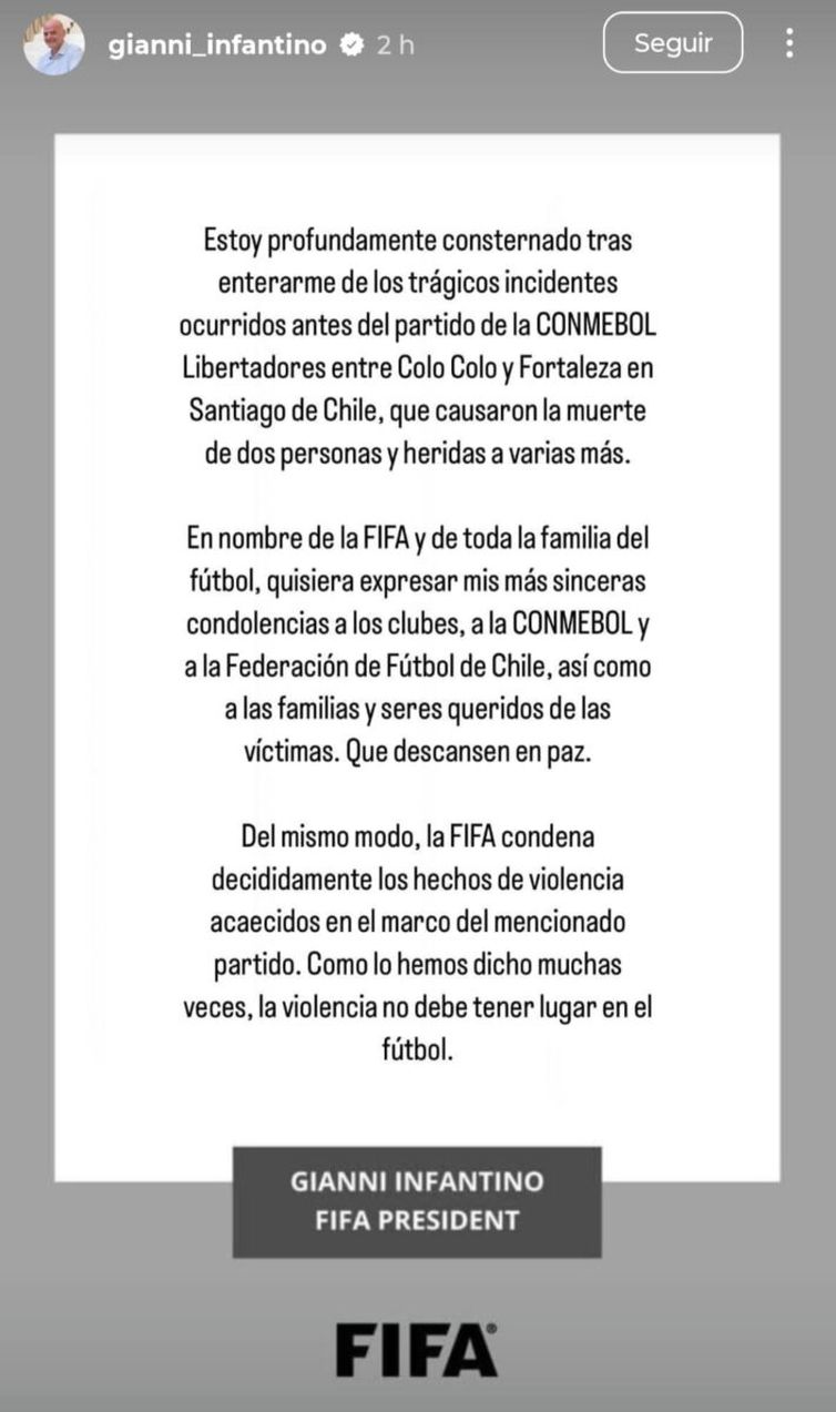 Reprodução Instagram / Gianni Infantino nota de pesar, Gianni INfantino, Fifa, Colo-Colo, torcedores, mortes