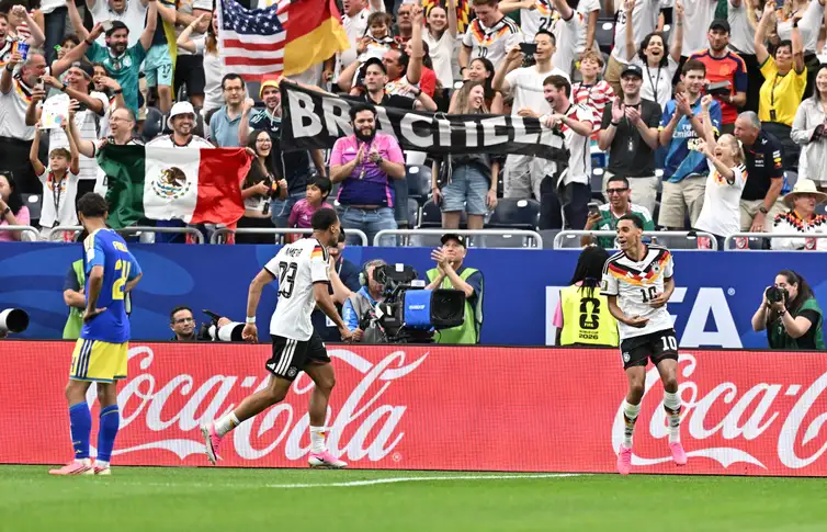 Soccer Football - FIFA World Cup 2026 - Group E - Germany v Curacao - Houston Stadium, Houston, Texas, U.S. - June 14, 2026 Germany's Jamal Musiala celebrates scoring their fourth goal with Felix Nmecha IMAGN IMAGES via Reuters/Maria Lysaker