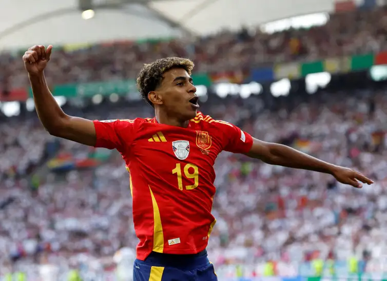 FILE PHOTO: Soccer Football - Euro 2024 - Quarter Final - Spain v Germany - Stuttgart Arena, Stuttgart, Germany - July 5, 2024 Spain's Lamine Yamal celebrates after Dani Olmo scores their first goal REUTERS/Heiko Becker/File Photo